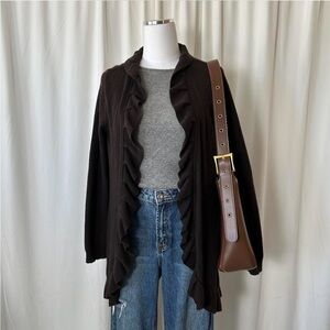 Chico’s ruffle open front Cashmere cardigan sweater Brown.